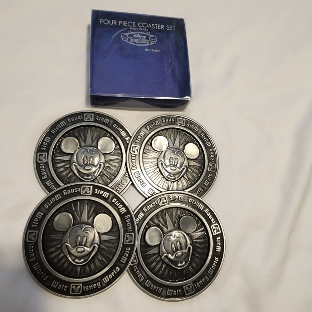 Vintage Walt Disney World Mickey Mouse Metal Pewter Coasters Made in USA set‎ 4